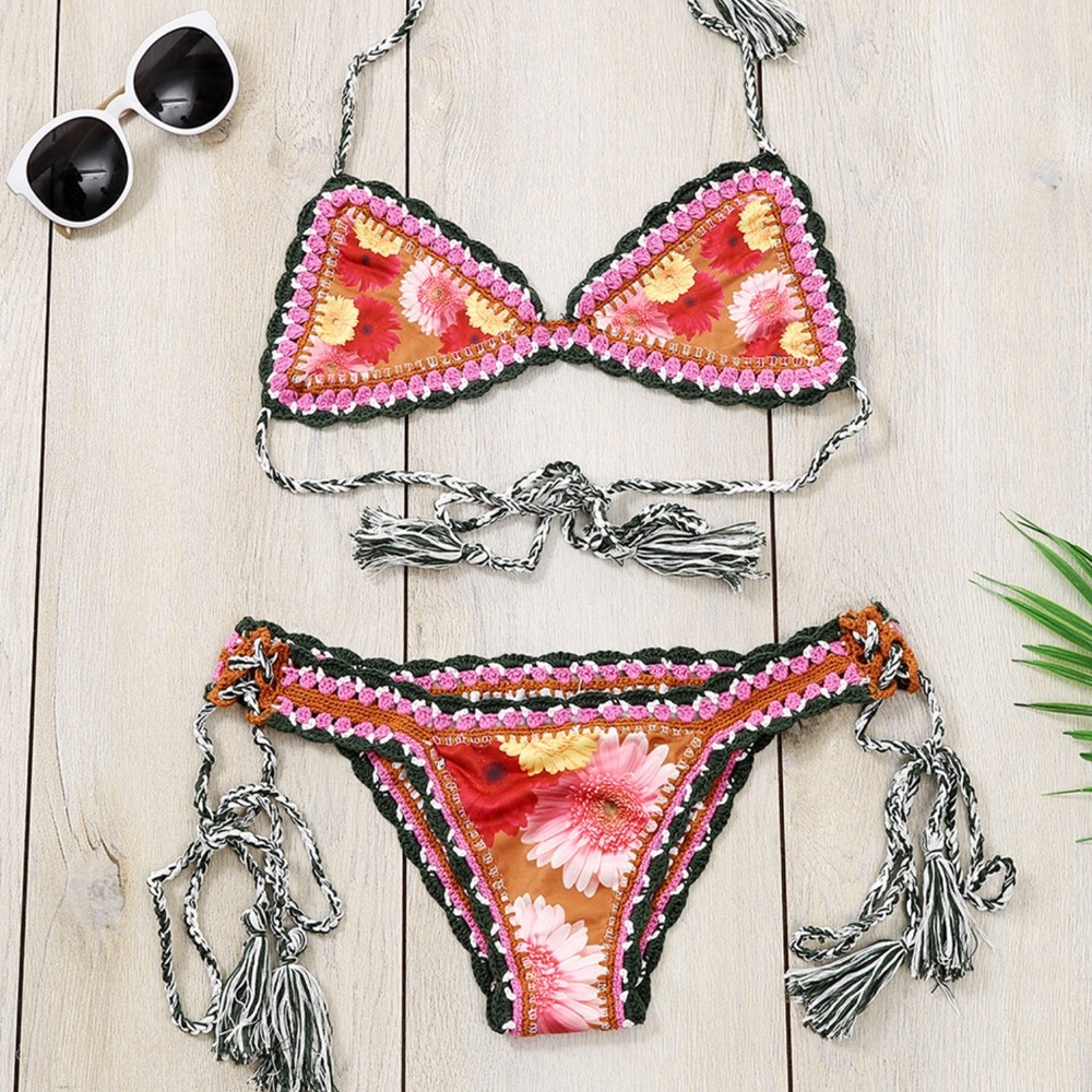 Hippie Hooray Boho Gypsy Floral Crochet Bikini - Picture 2 of 6